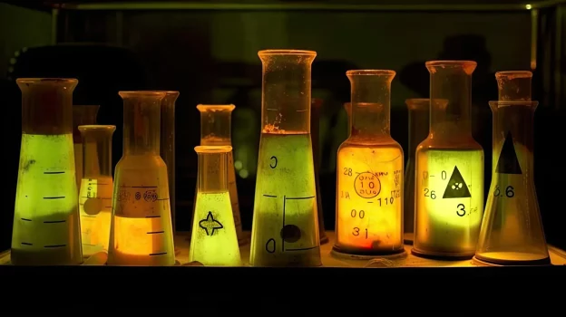 Rôzne laboratórne sklenené nádoby naplnené chemikáliami, ktoré svietia v neonovej zelenej a žltej farbe v tmavom laboratórnom prostredí.